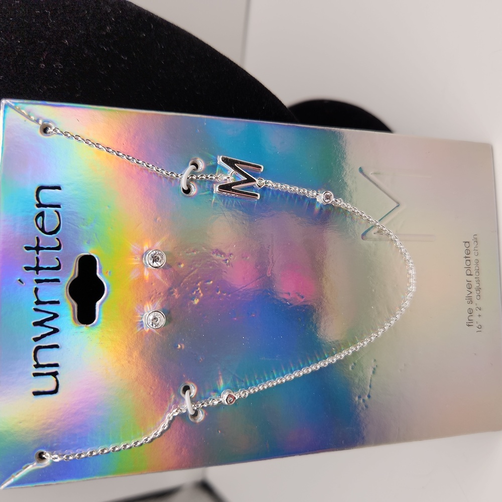 Unwritten Initial Necklace and Earring Set "M" Fine Silver Plated
